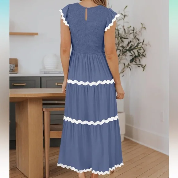 ZESICA Women's Summer Flutter Short Sleeve Smocked Maxi Dress - Picture 3 of 13